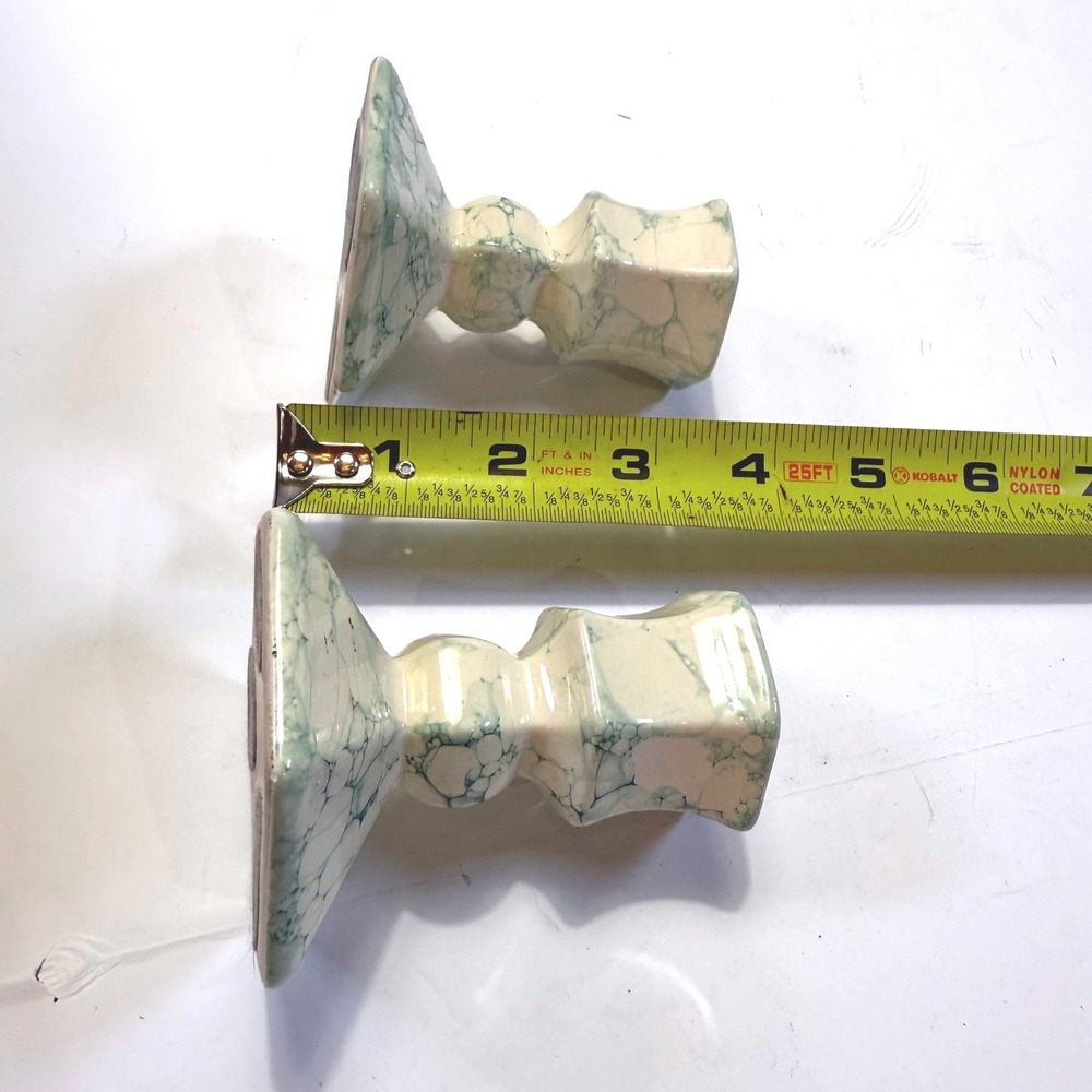 Vintage PartyLite Green Marbled Ceramic Taper Candlestick Holders Set of 2 4in - Picture 3 of 6